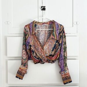Zara Patchwork Paisley Print Cinched Waist Blouse Size XS